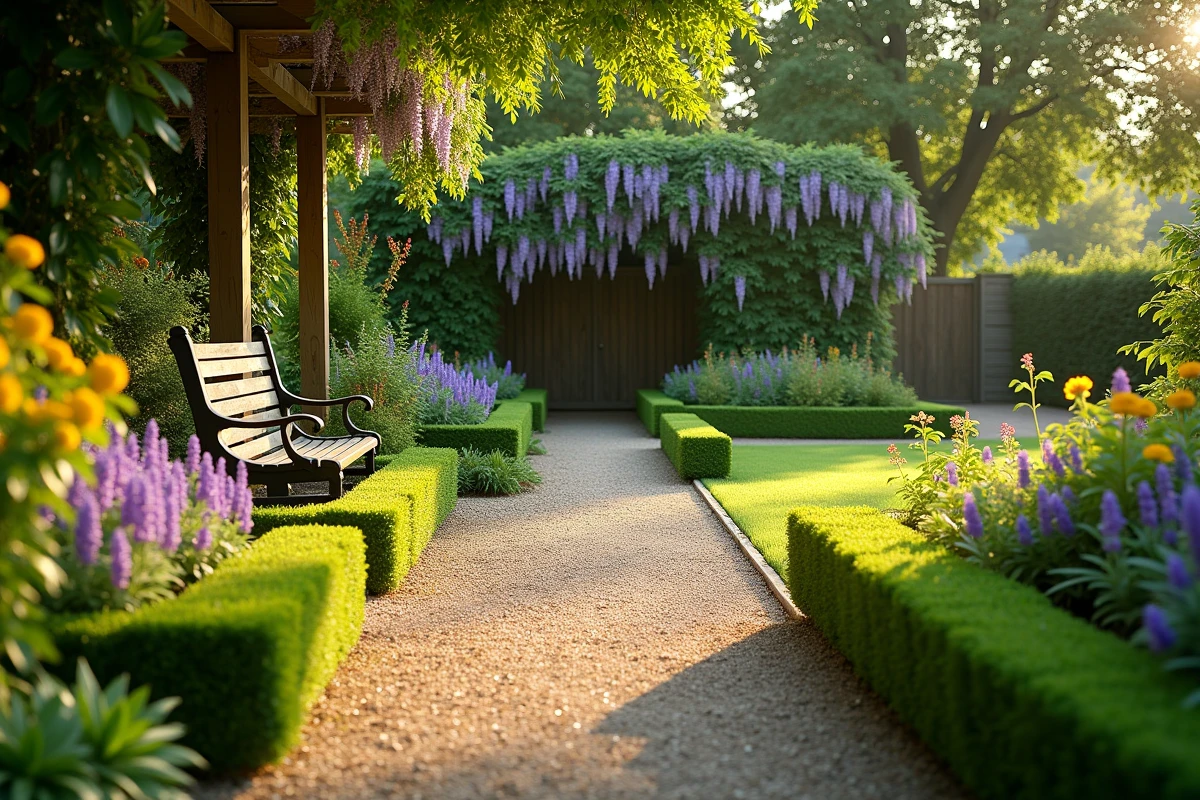 Allée de jardin résidentiel avec haies de buis, fleurs vivaces et pergola couverte de glycine au fond