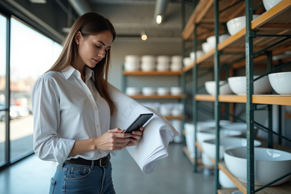 Jeune architecte vérifiant un plan avec une tablette dans un showroom