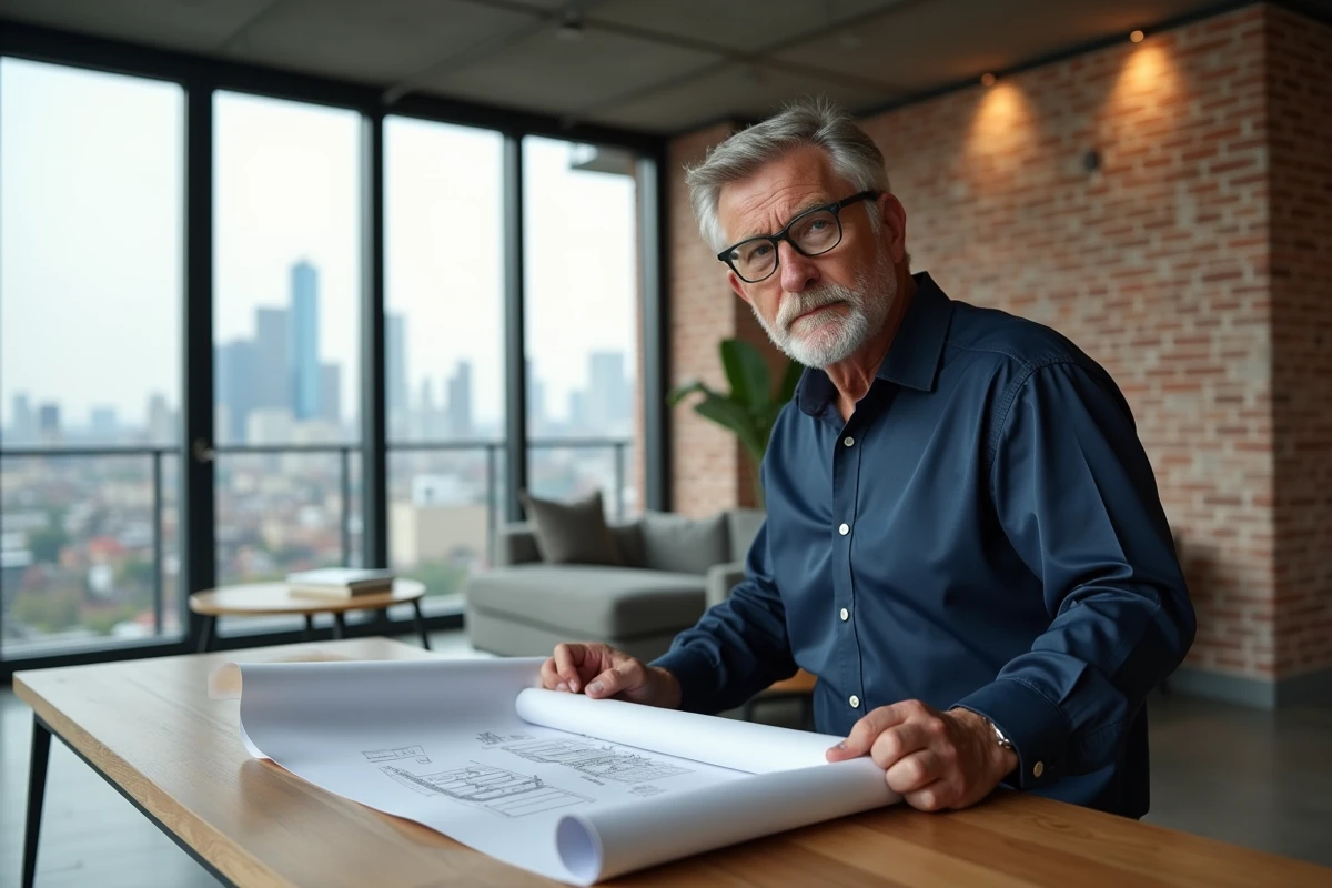 Architecte consultant des plans dans un appartement rénové avec murs en briques apparentes et vue urbaine