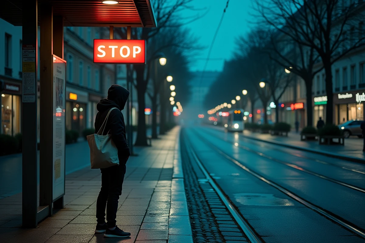 Arrêt de tram à Grenoble la nuit avec un voyageur solitaire sous les réverbères urbains