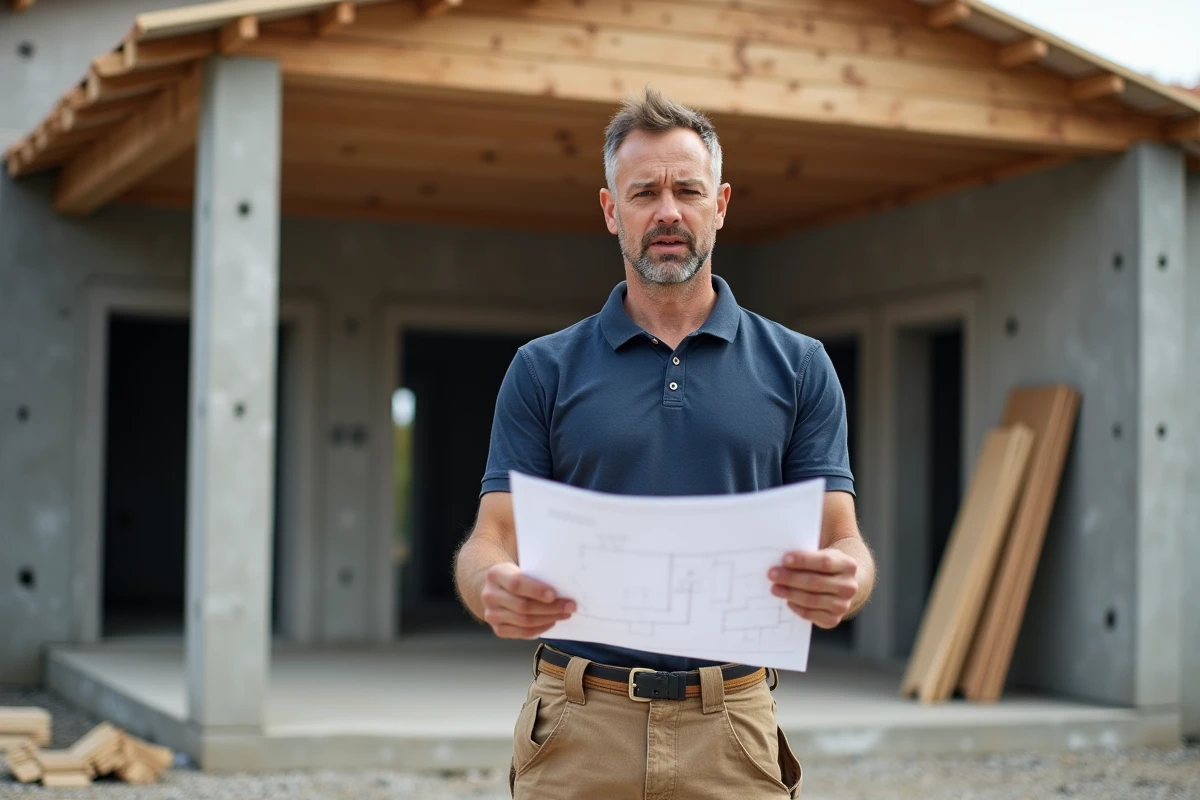 Artisan local examinant des plans sur un chantier de construction de maison neuve
