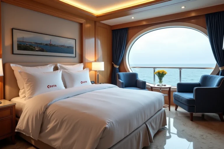 Cabine premium Costa Croisières avec lit king-size, hublot panoramique vue mer et décoration élégante en bois et marbre