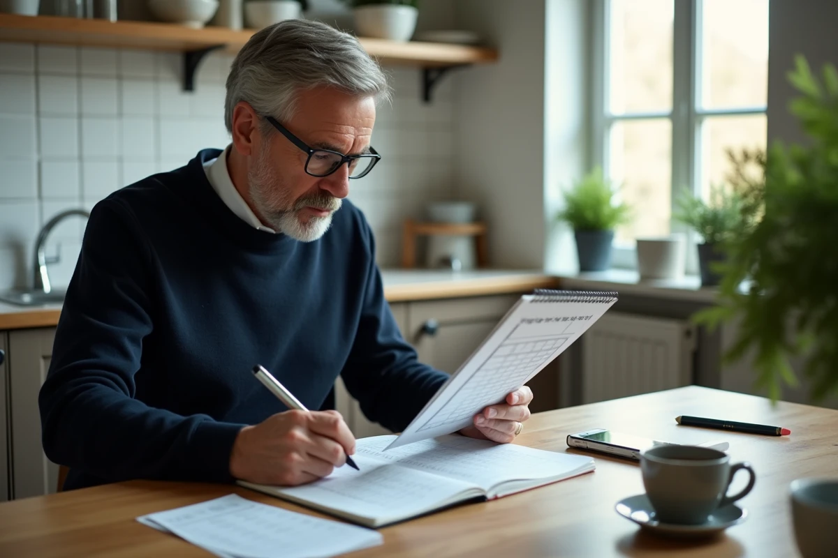 Homme planifiant ses achats avec un calendrier de chèques différés Leclerc sur une table de cuisine