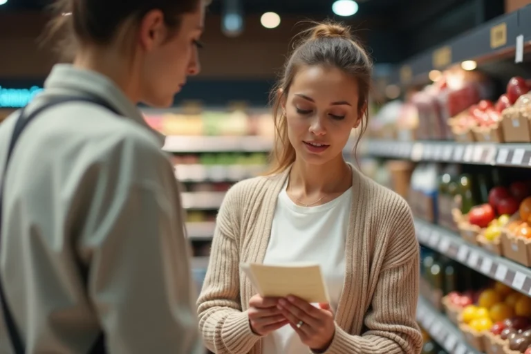 Femme examinant un chèque différé Leclerc à la caisse d'un hypermarché en 2026