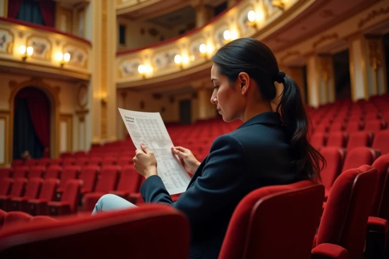 Femme étudiant un plan de salle dans un théâtre parisien aux sièges en velours rouge pour choisir ses places au Théâtre Mogador