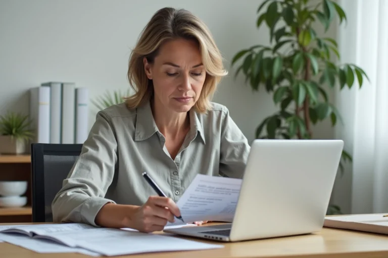 Femme comparant des devis de construction sur une plateforme en ligne et des documents papier pour une maison neuve
