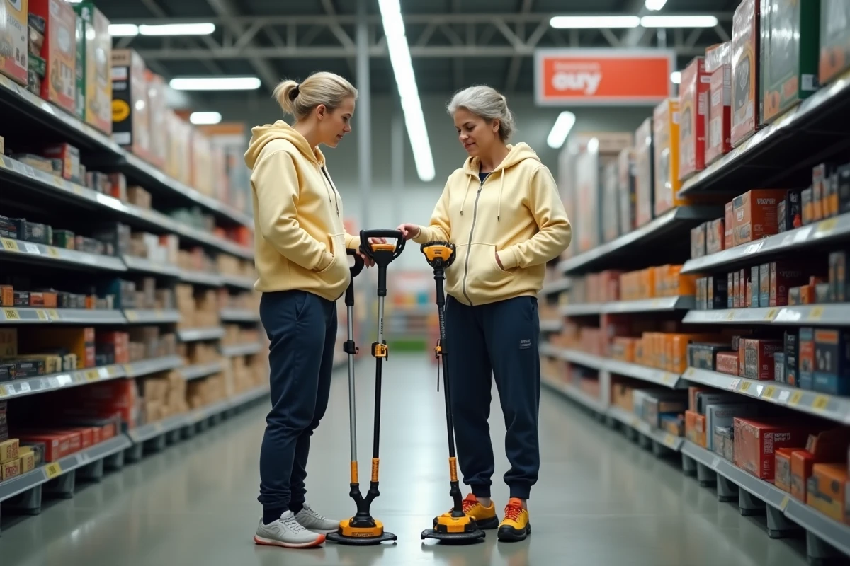 Femme comparant deux modèles de coupe-bordures sans fil dans un magasin de bricolage en analysant la puissance