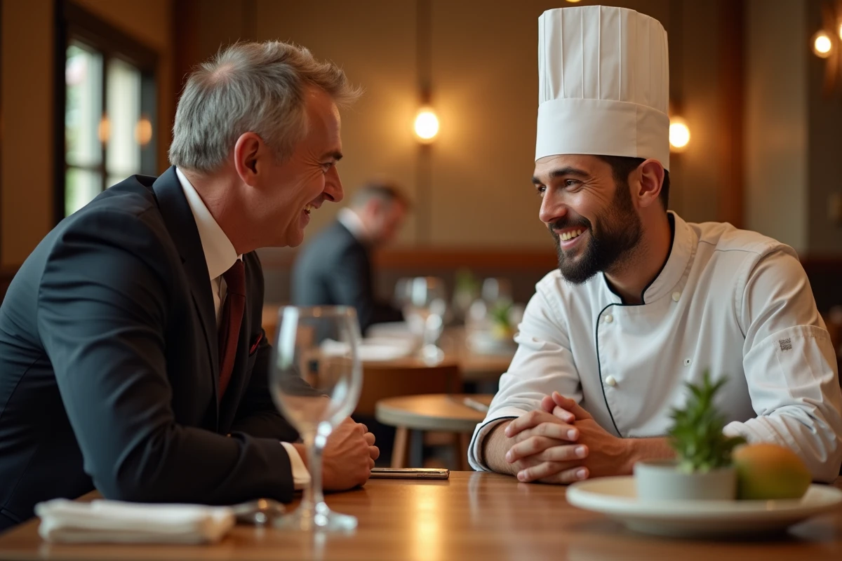 Client exprimant ses compliments à un chef étoilé dans un restaurant élégant