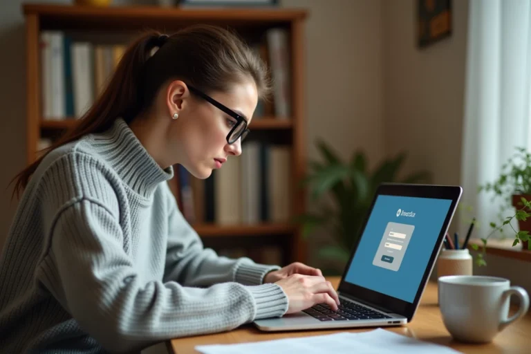 Femme connectée à son webmail AOL sur un ordinateur portable dans un bureau à domicile