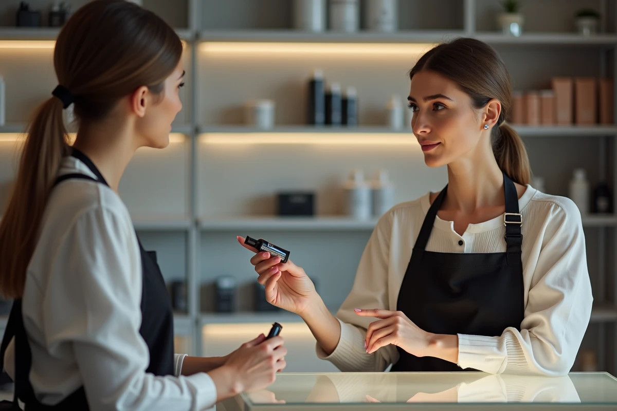 Conseillère beauté expliquant la politique cruelty free d'un produit à une cliente en magasin