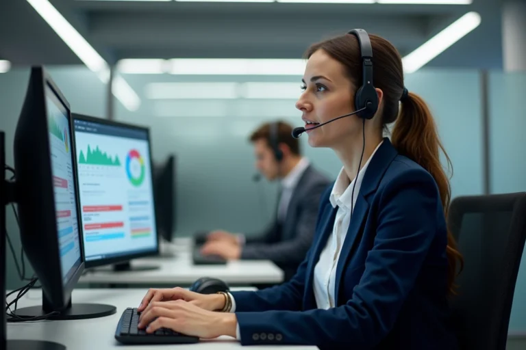 Conseillère de centre de contact professionnelle avec casque sans fil travaillant sur des tableaux de bord clients dans un open space moderne