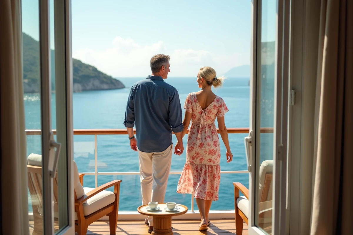 Couple profitant du balcon privé d'une cabine premium Costa avec vue sur la côte méditerranéenne