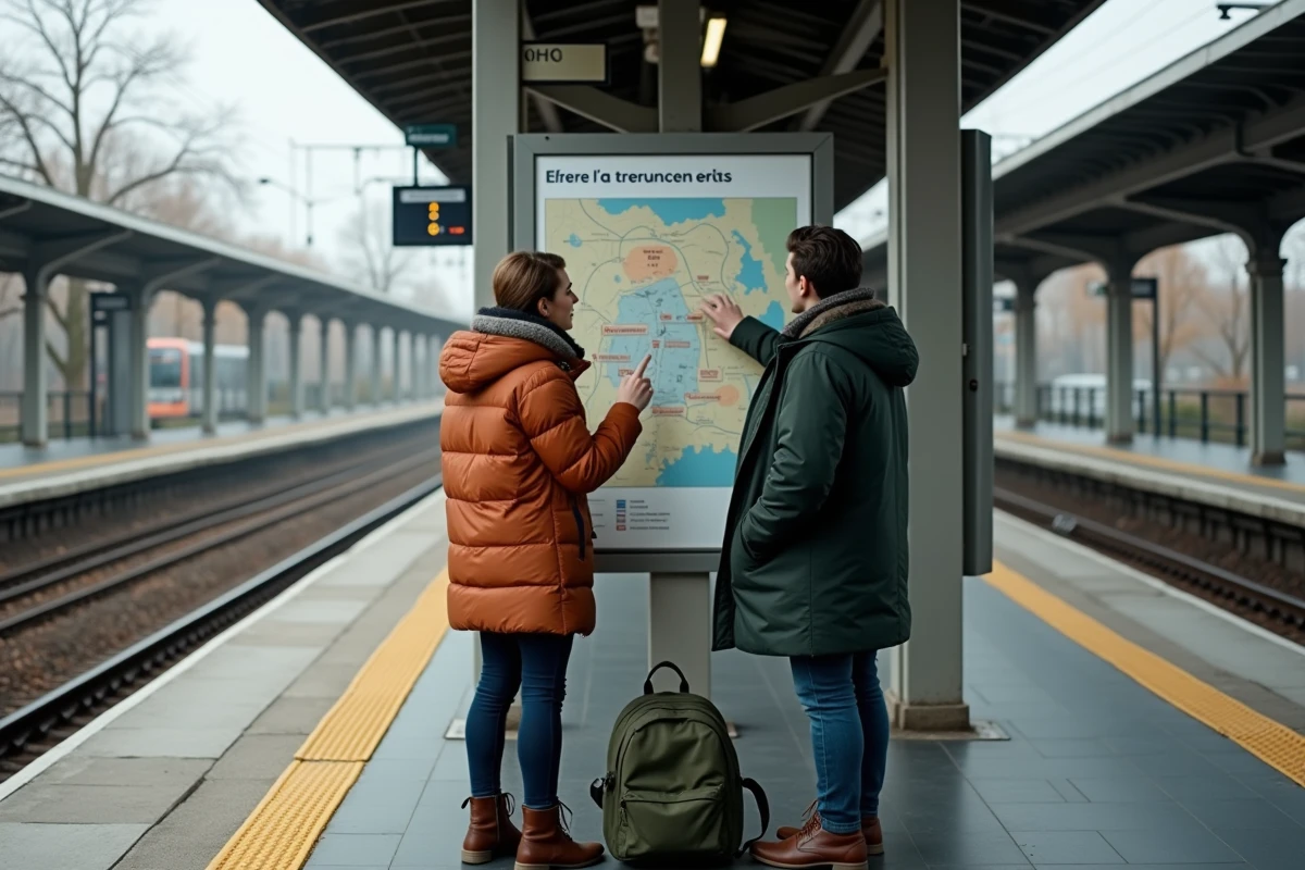 Couple consultant une carte des zones Navigo sur un quai de RER en banlieue parisienne
