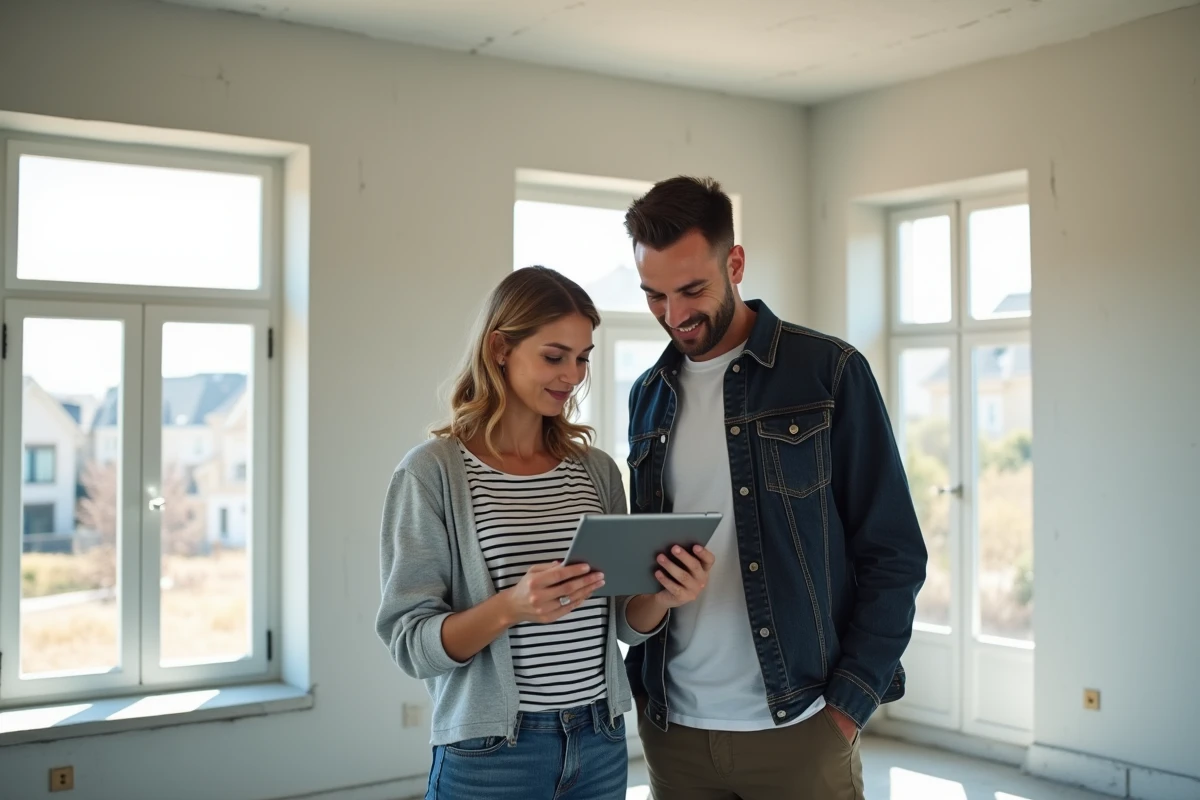 Couple consultant une tablette pour comparer artisans locaux et plateformes en ligne dans une maison neuve