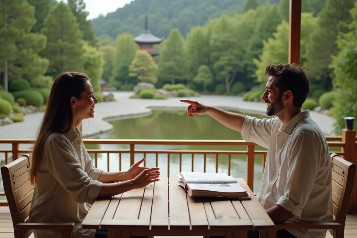 Couple de voyageurs sur une terrasse japonaise traditionnelle face à un jardin zen avec koi et bambou