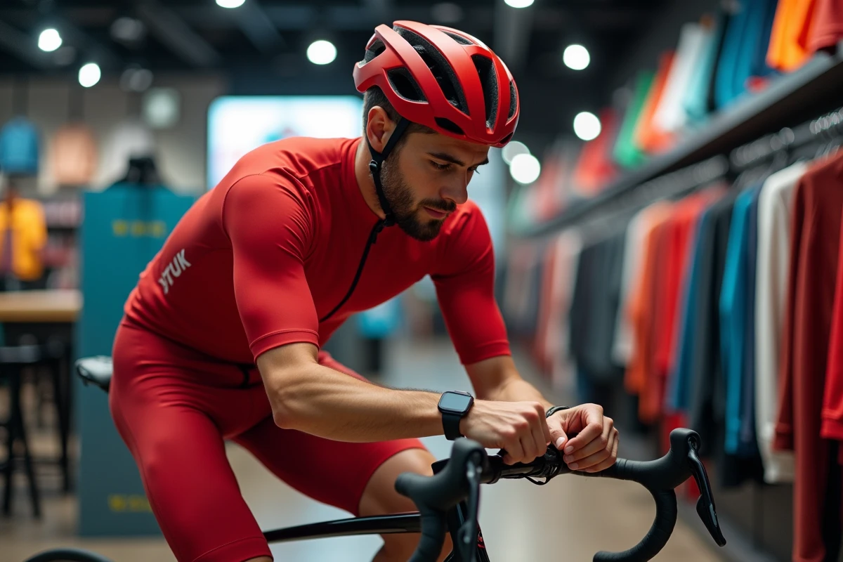 Homme cycliste vérifiant sa smartwatch en magasin sportif