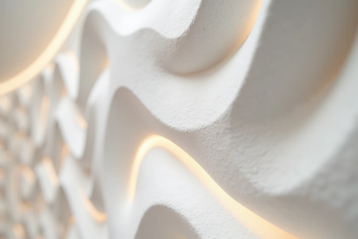 Détail de panneau mural paramétrique en gypse sculpté dans le hall d'un programme immobilier haut de gamme