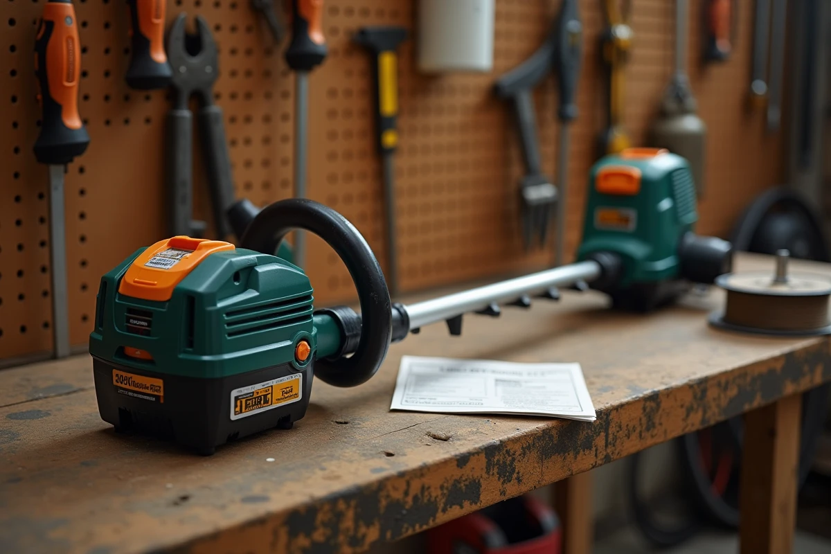 Gros plan sur la batterie et les spécifications de puissance d'un coupe-bordure sans fil posé sur un établi de garage