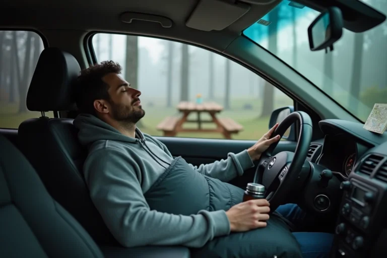 Homme dormant dans sa voiture sur une aire de repos en Belgique avec un sac de couchage, illustrant la réglementation du bivouac automobile