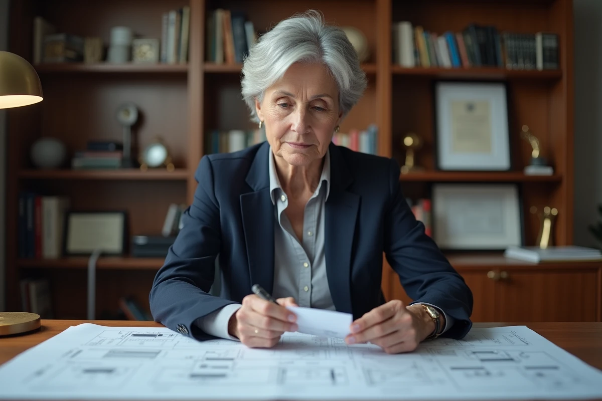 Femme ingénieure aux cheveux argentés travaillant sur des plans techniques dans un bureau professionnel, évoquant le parcours méconnu d'Elaine Mason Hawking