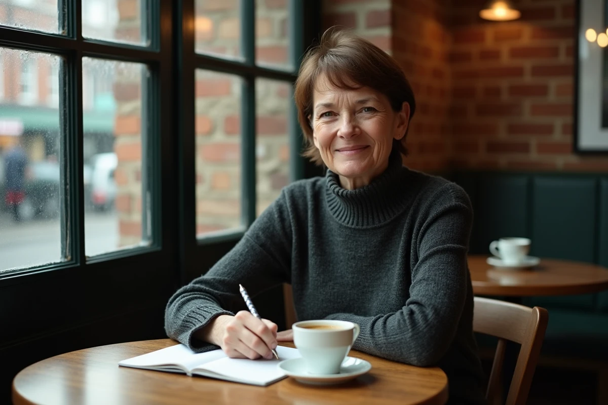 Femme réfléchissant dans un café britannique avec un carnet ouvert, illustrant la vie personnelle et le parcours discret d'Elaine Mason Hawking