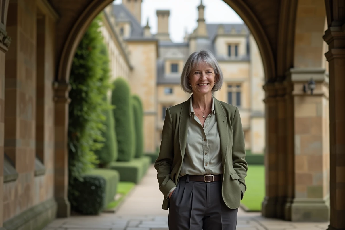 Femme élégante debout dans une cour historique de Cambridge, illustration du lien entre Elaine Mason Hawking et le milieu académique britannique