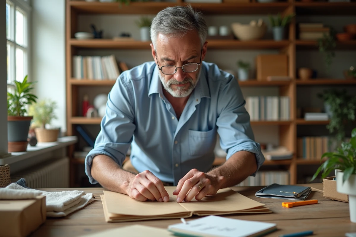Homme emballant un carnet brode avec soin dans un bureau