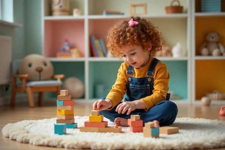 Jeune fille concentrée assemblant des blocs de construction en bois colorés sur le sol d'une salle de jeux chaleureuse