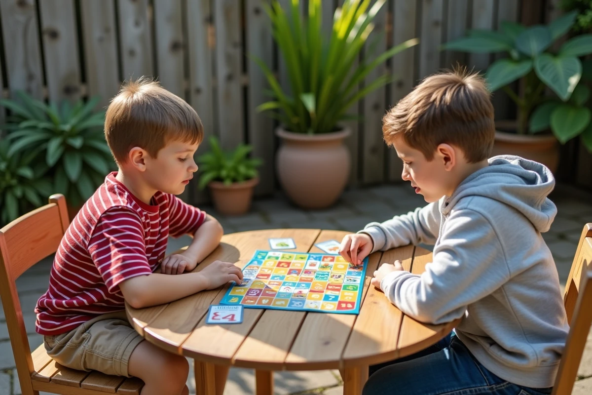 Deux garçons jouant ensemble à un jeu de société autour d'une table en bois dans un jardin familial