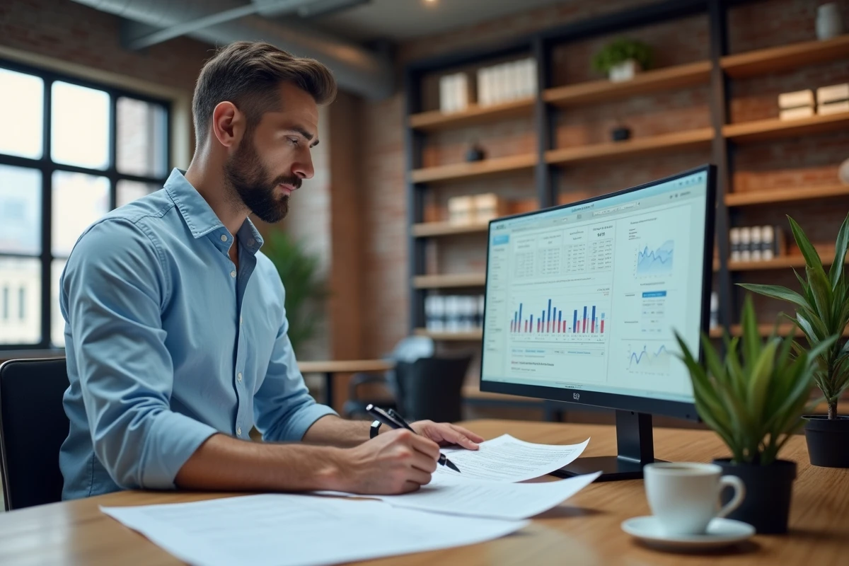 Entrepreneur travaillant debout sur des rapports et logiciel de gestion dans un bureau startup minimaliste