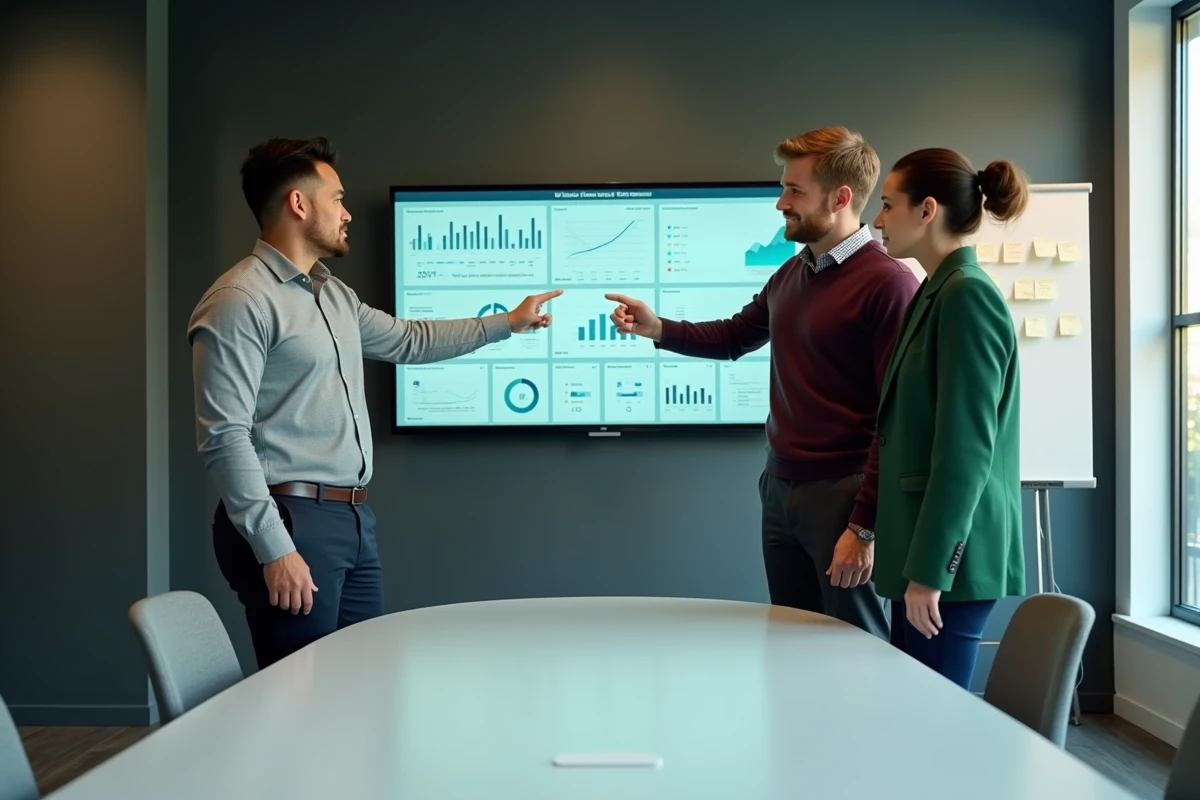 Équipe de professionnels collaborant autour d'un écran interactif avec des tableaux de bord pour optimiser les solutions business
