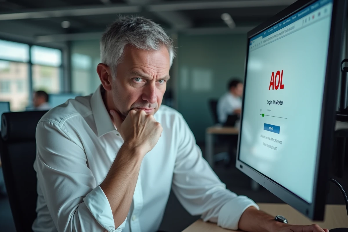 Homme face à une erreur de connexion AOL sur un écran de bureau en open space