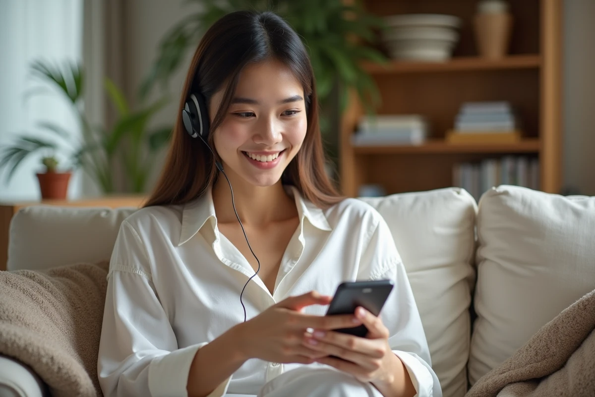 Jeune femme utilisant une application de service client sur son smartphone depuis chez elle, illustrant l'expérience client omnicanale