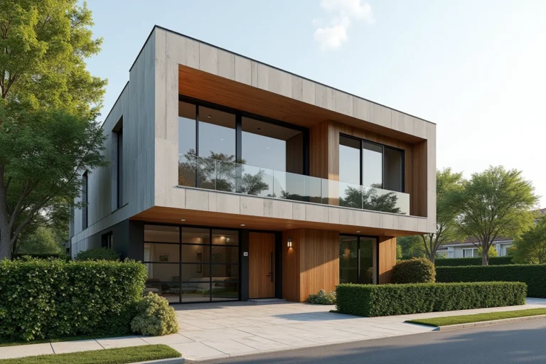 Façade résidentielle contemporaine avec panneaux vitrés et bardage bois sur une rue calme