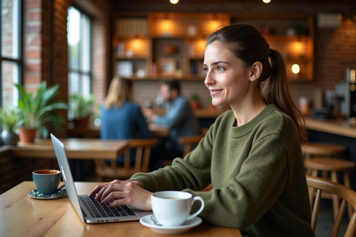 Jeune femme consultant les actualités sur un ordinateur portable dans un café chaleureux