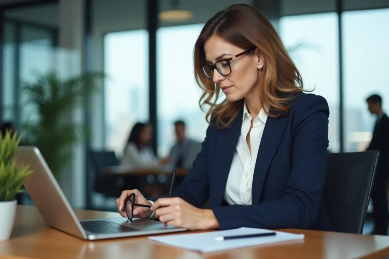 Femme d'affaires analysant des données sur laptop et tablette dans un bureau moderne pour optimiser la gestion d'entreprise