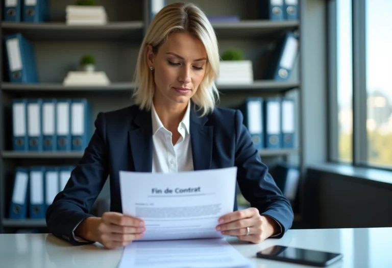 Femme d'affaires en réunion avec document 'Fin de Contrat'
