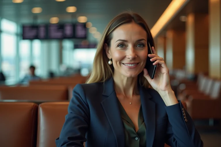 Femme en blazer marine téléphonant dans un salon business d'aéroport pour contacter le service Flying Blue Platinum