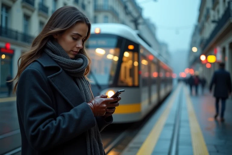 Femme attendant le tram à Grenoble tôt le matin sur le quai avec son téléphone