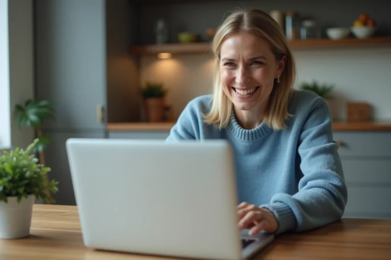 Femme souriante vérifiant ses finances sur son ordinateur