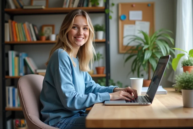 Jeune femme au bureau cosy avec ordinateur portable