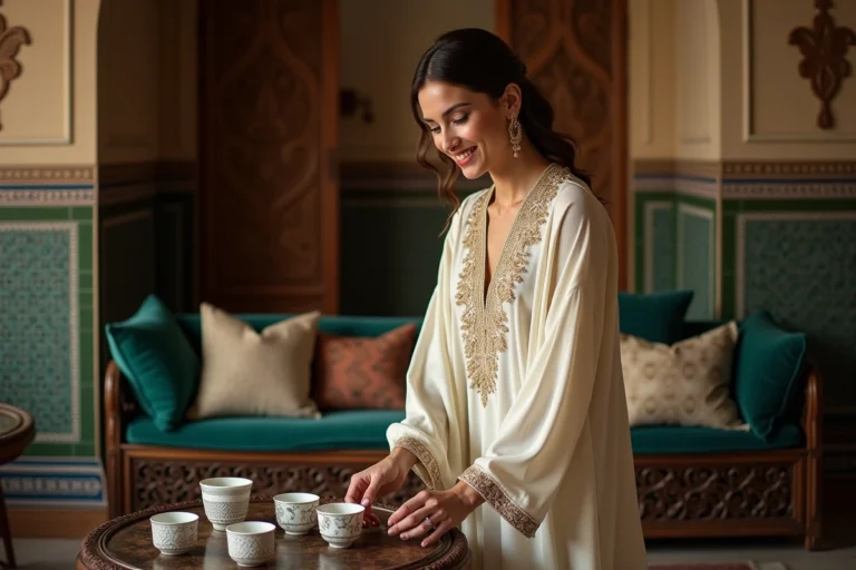 Femme en caftan orné de broderies dorées avec tasses en céramique