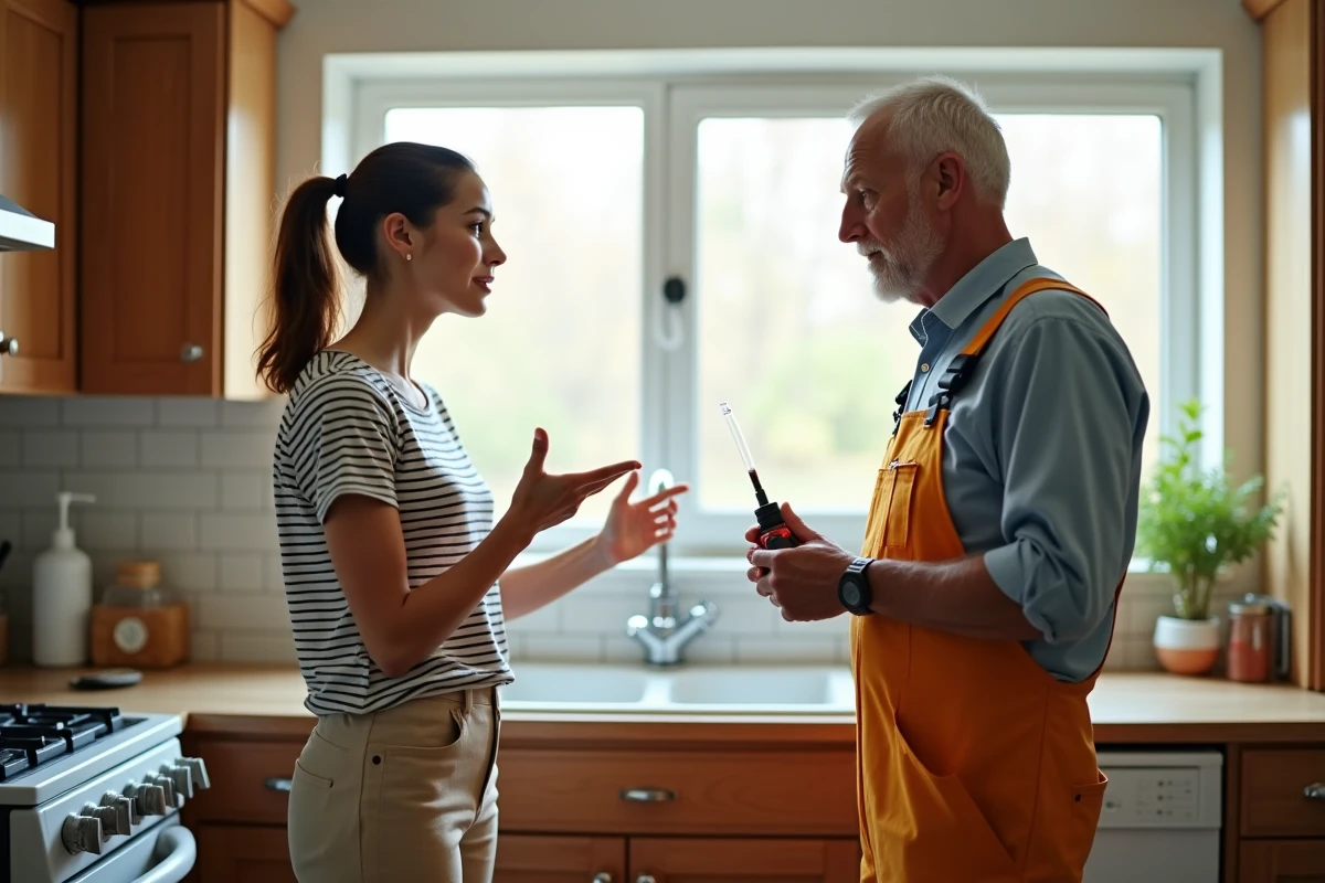 Jeune femme montre un siphon bouché à un homme