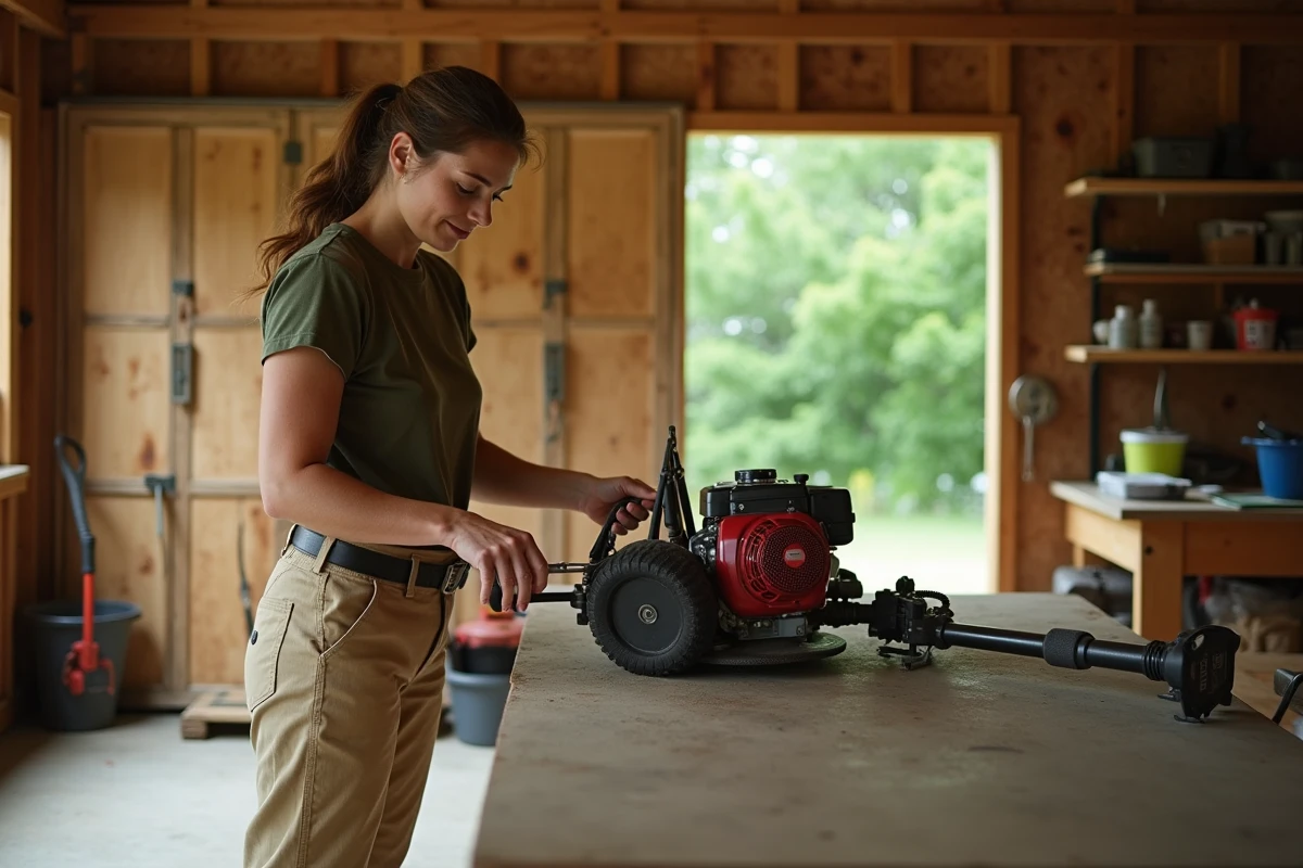 Femme inspectant le moteur d'une débroussailleuse thermique posée sur un établi dans un atelier de jardin