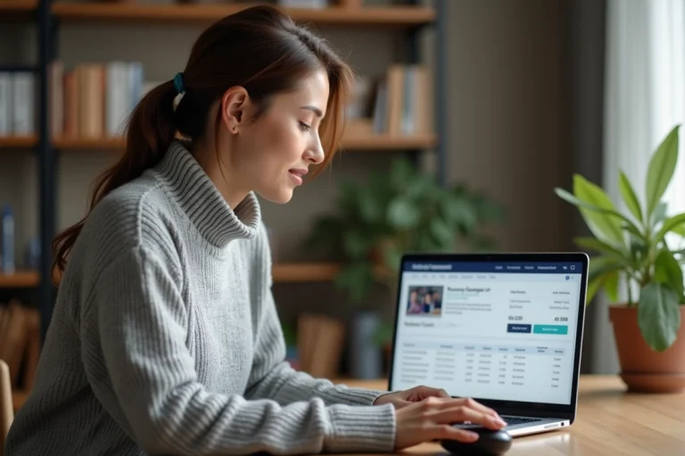 Femme consultant sa facture en ligne Carrefour sur un ordinateur portable à son bureau à domicile