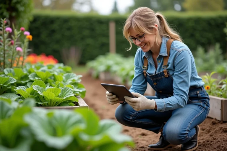 Femme en jardinage lisant une tablette dans le jardin