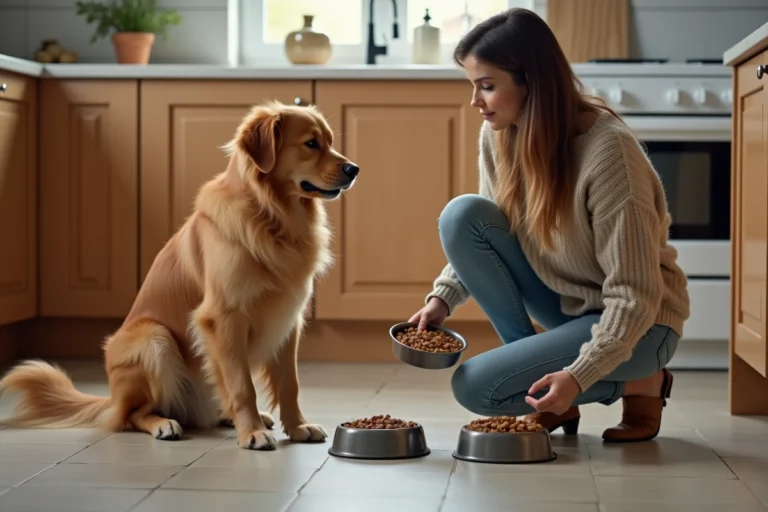 Femme regardant deux bols de croquettes pour chien