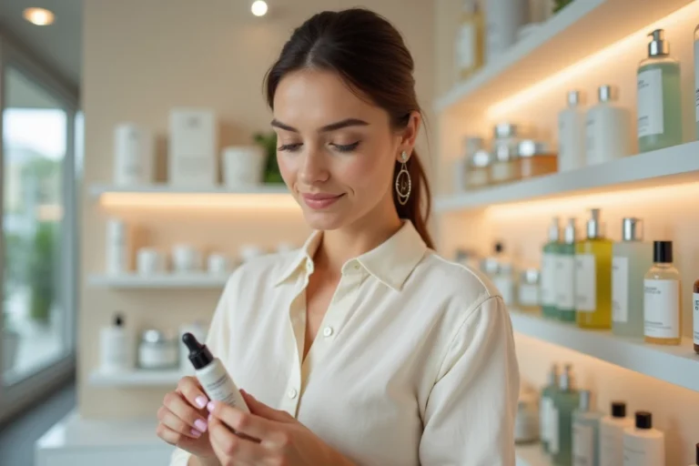 Femme lisant l'étiquette d'un produit cosmétique cruelty free dans une boutique Nocibé