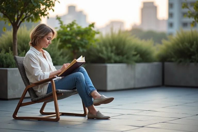 Femme lisant sur une terrasse moderne et verdoyante