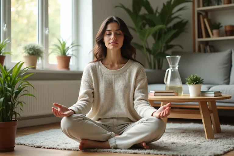 Femme méditant dans un intérieur calme et lumineux